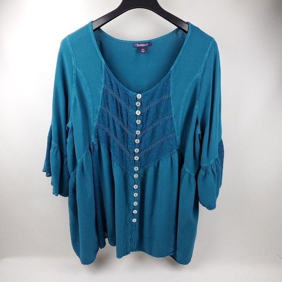 Roaman's Womens Tunic Top 3/4 Bell Sleeves Embroidered Design Button Up Blue 32W - Picture 1 of 7